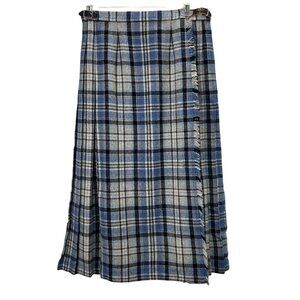 Vintage Laird Portch Wool Skirt 2 Scottish Plaid Blue Fringe Wrap Kilt 27" Waist